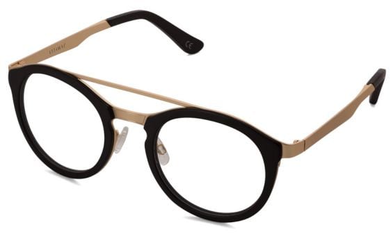 Gafa redonda de doble puente, metal dorado mate y pasta negro mate